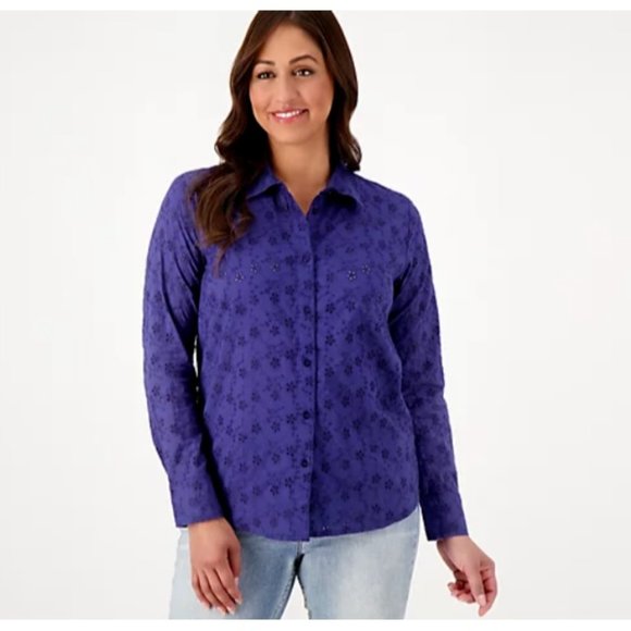 Candace Cameron Bure Women Top Button Front Eyelet Shirt Navy Blue sz S A593140 - Picture 1 of 5